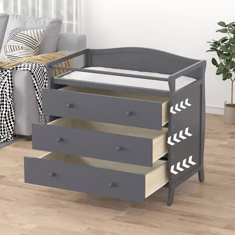Fasciatoio in legno grigio con 3 cassetti, sponde di sicurezza e cinghia per neonati per cameretta/camera da letto