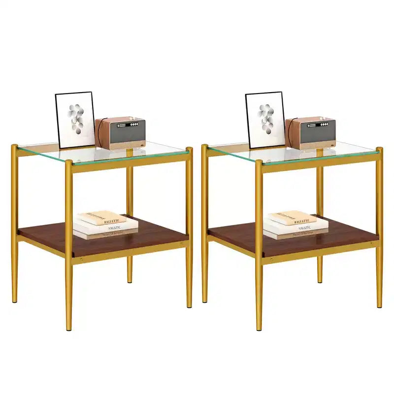 Okak Tavolino Moderno con Piano in Vetro Temperato, Tavolino Laterale con Ripiano Inferiore e Struttura in Metallo, Tavolino da Divano per Soggiorno, Set di 2