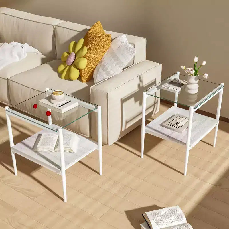 Okak Tavolino Moderno con Piano in Vetro Temperato, Tavolino Laterale con Ripiano Inferiore e Struttura in Metallo, Tavolino da Divano per Soggiorno, Set di 2