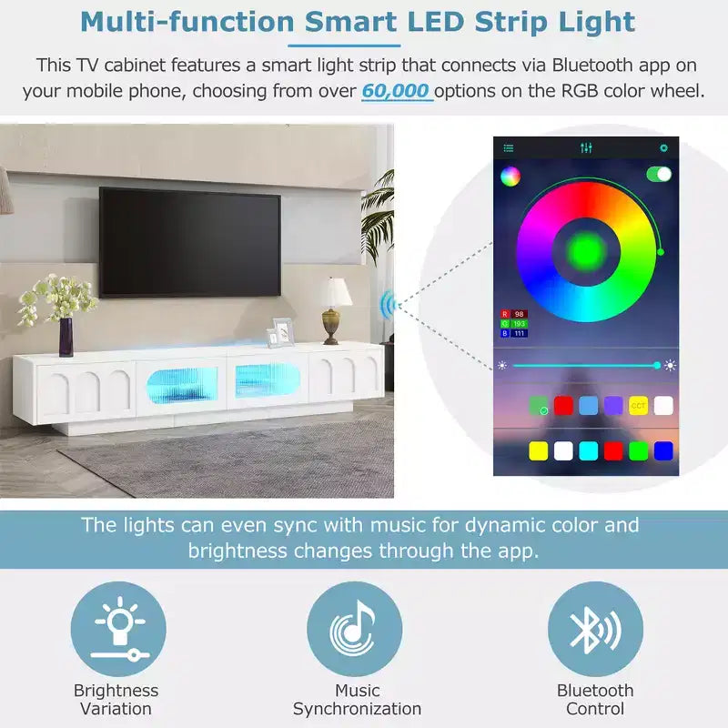 Mobile TV di tendenza con ante in vetro temperato scanalato per TV fino a 95'', mobile multimediale funzionale con ante ad arco