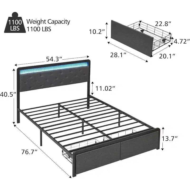 Struttura letto matrimoniale con contenitore e testiera, letto a piattaforma imbottito capitonné, grigio