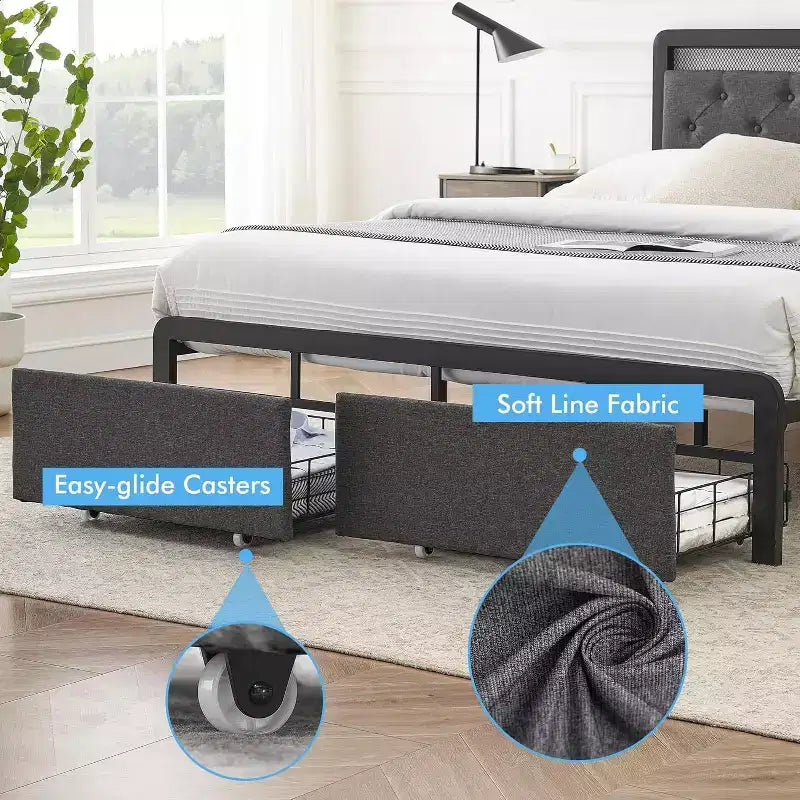 Struttura letto matrimoniale con contenitore e testiera, letto a piattaforma imbottito capitonné, grigio