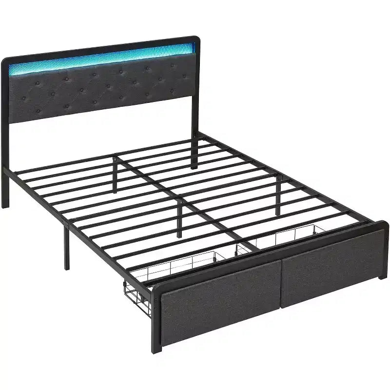 Struttura letto matrimoniale con contenitore e testiera, letto a piattaforma imbottito capitonné, grigio
