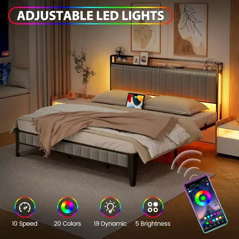 Struttura letto a piattaforma con testiera contenitore, stazione di ricarica USB, illuminazione a LED e contenitore sotto il letto, nessuna rete a molle richiesta, supporto per carichi pesanti