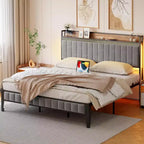 Struttura letto a piattaforma con testiera contenitore, stazione di ricarica USB, illuminazione a LED e contenitore sotto il letto, nessuna rete a molle richiesta, supporto per carichi pesanti