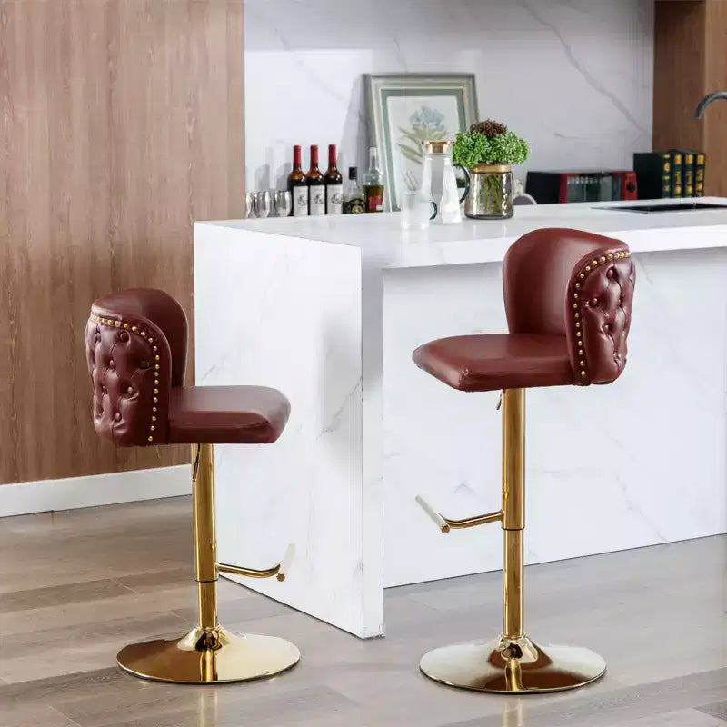 Set di 2 moderni sgabelli da bar girevoli bordeaux, altezza regolabile, schienale trapuntato