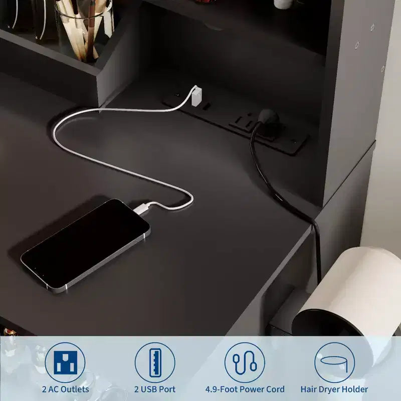 GustoWave Tocador da Trucco Moderno con Luci e Specchio, Tavolo da Trucco con Supporto per Asciugacapelli, Cassetti e Ripiani con Sgabello, Nero