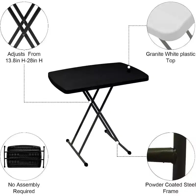 VINGLI Tavolino Pieghevole Portatile, Altezza Regolabile a 30 Posizioni, Tavolino Personale per Laptop TV, Tavolino da Campeggio, Piano in Plastica HDPE con Struttura in Acciaio, Nero