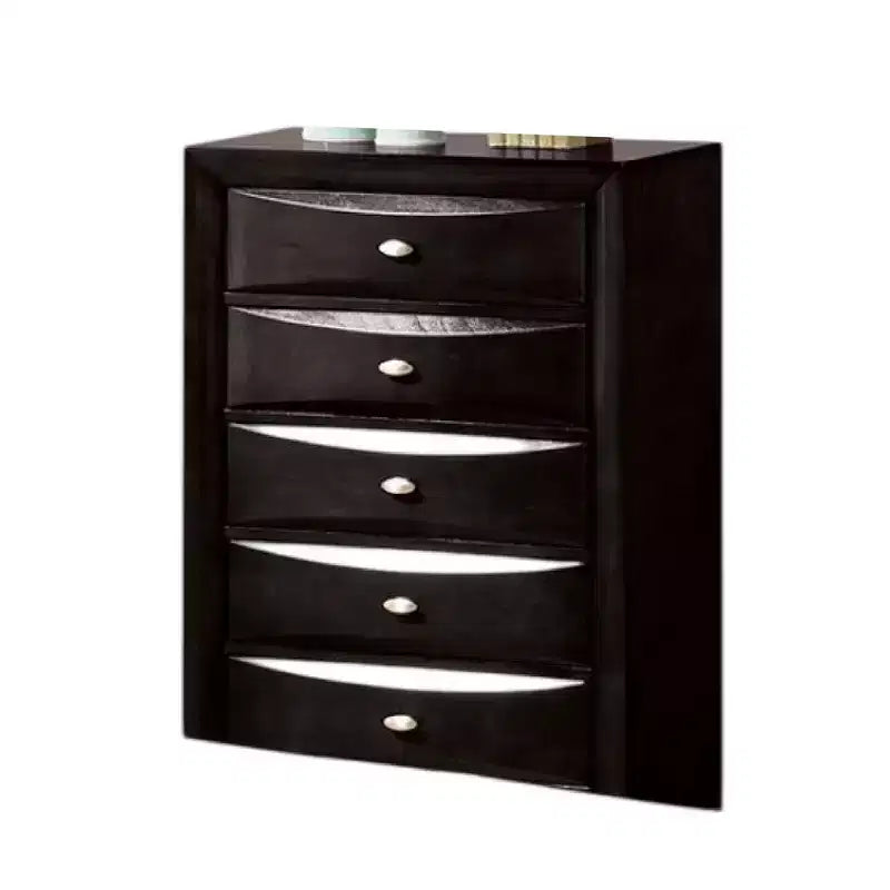 Cassettiera alta Royal Hampton, 5 cassetti, maniglie cromate, legno nero moderno