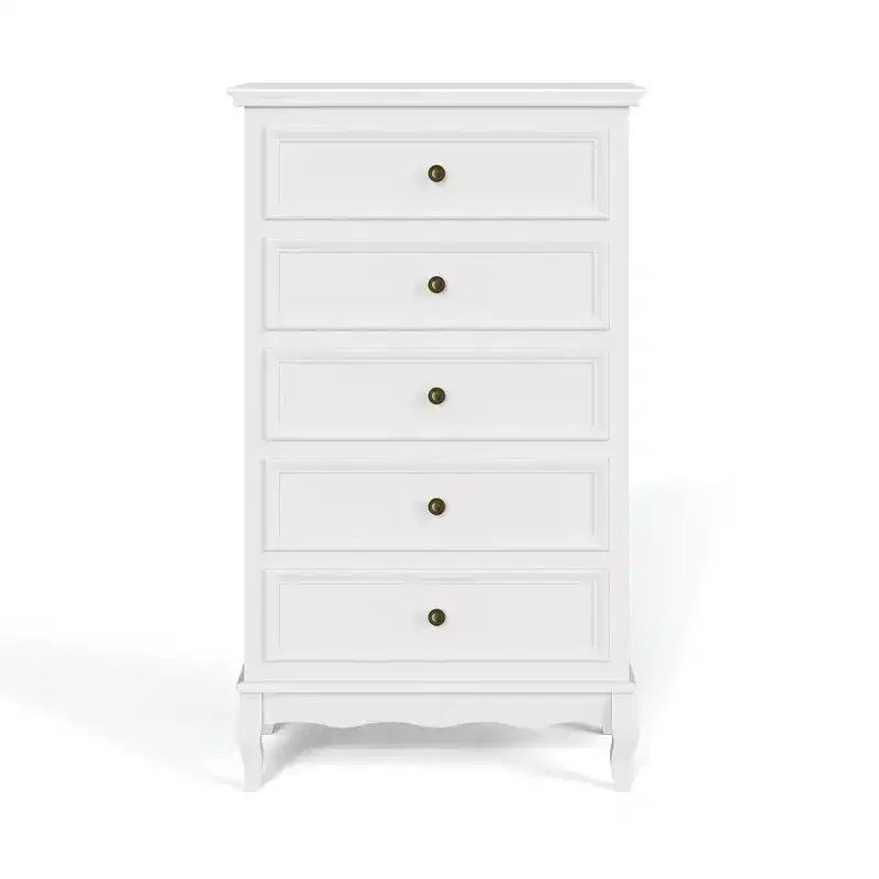 Cassettiera a 5 cassetti per camera da letto, armadio moderno con gambe in legno massello e finitura verniciata - Bianco