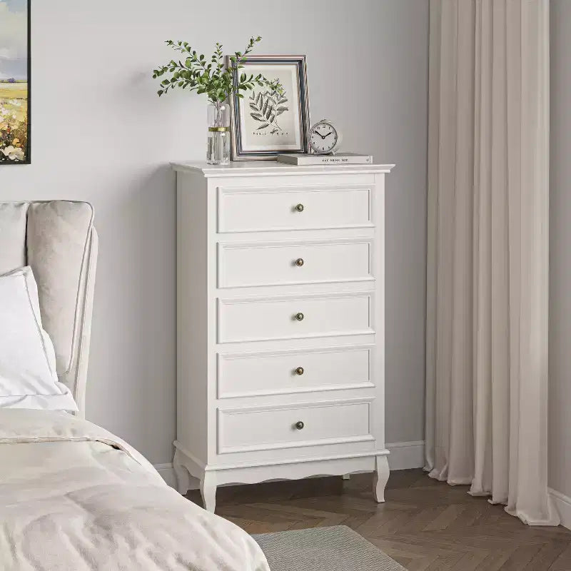 Cassettiera a 5 cassetti per camera da letto, armadio moderno con gambe in legno massello e finitura verniciata - Bianco