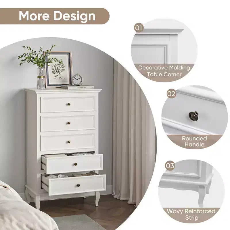 Cassettiera a 5 cassetti per camera da letto, armadio moderno con gambe in legno massello e finitura verniciata - Bianco