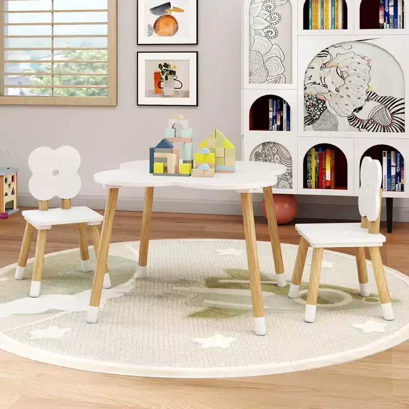 Set Tavolo a Fiori per Bambini Costway con 2 Sedie a Misura di Bambino, Gambe in Legno Massello di Pino Rosa/Bianco