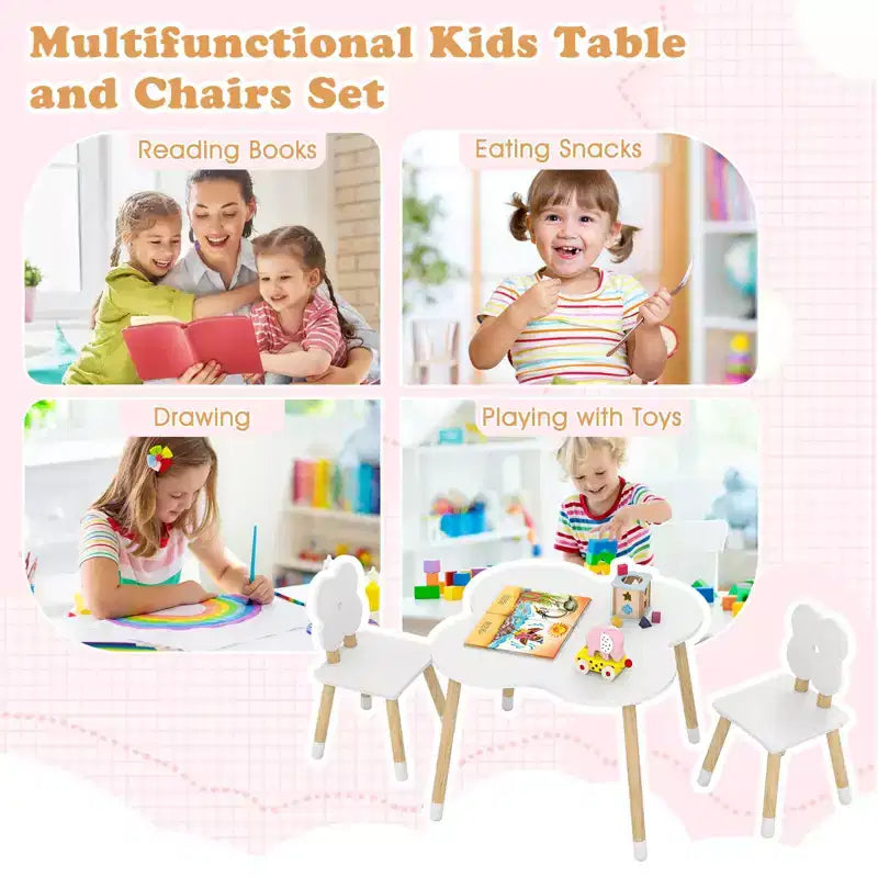 Set Tavolo a Fiori per Bambini Costway con 2 Sedie a Misura di Bambino, Gambe in Legno Massello di Pino Rosa/Bianco