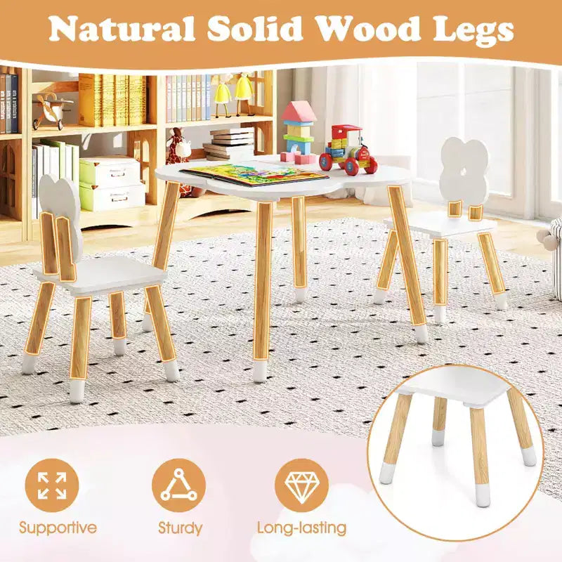 Set Tavolo a Fiori per Bambini Costway con 2 Sedie a Misura di Bambino, Gambe in Legno Massello di Pino Rosa/Bianco