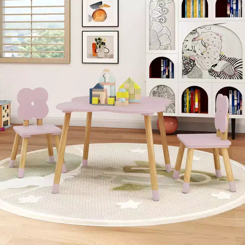Set Tavolo a Fiori per Bambini Costway con 2 Sedie a Misura di Bambino, Gambe in Legno Massello di Pino Rosa/Bianco