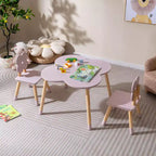 Set Tavolo a Fiori per Bambini Costway con 2 Sedie a Misura di Bambino, Gambe in Legno Massello di Pino Rosa/Bianco