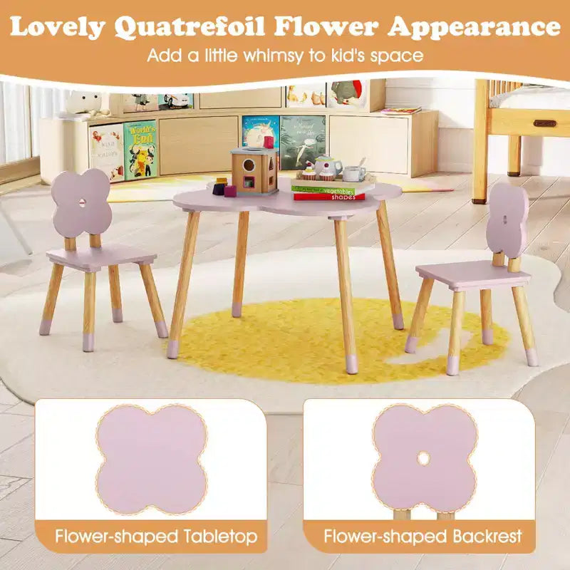 Set Tavolo a Fiori per Bambini Costway con 2 Sedie a Misura di Bambino, Gambe in Legno Massello di Pino Rosa/Bianco