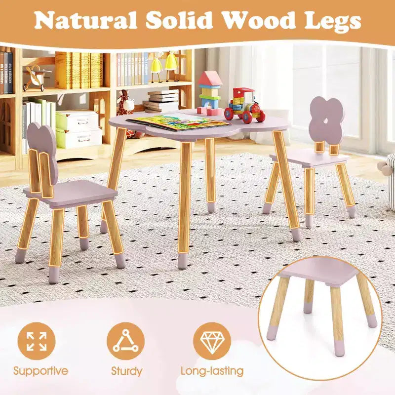Set Tavolo a Fiori per Bambini Costway con 2 Sedie a Misura di Bambino, Gambe in Legno Massello di Pino Rosa/Bianco