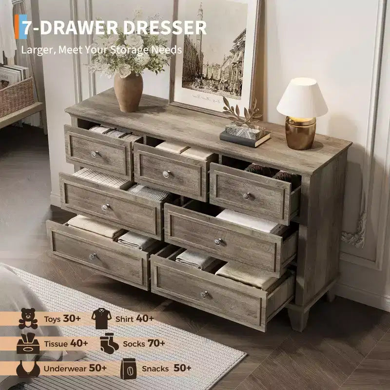 GustoWave Comò a 3/6/7 Cassetti, Mobile Contenitore in Legno con Raffinate Maniglie in Metallo, Comò dal Design Moderno per Camera da Letto, Soggiorno, Ingresso