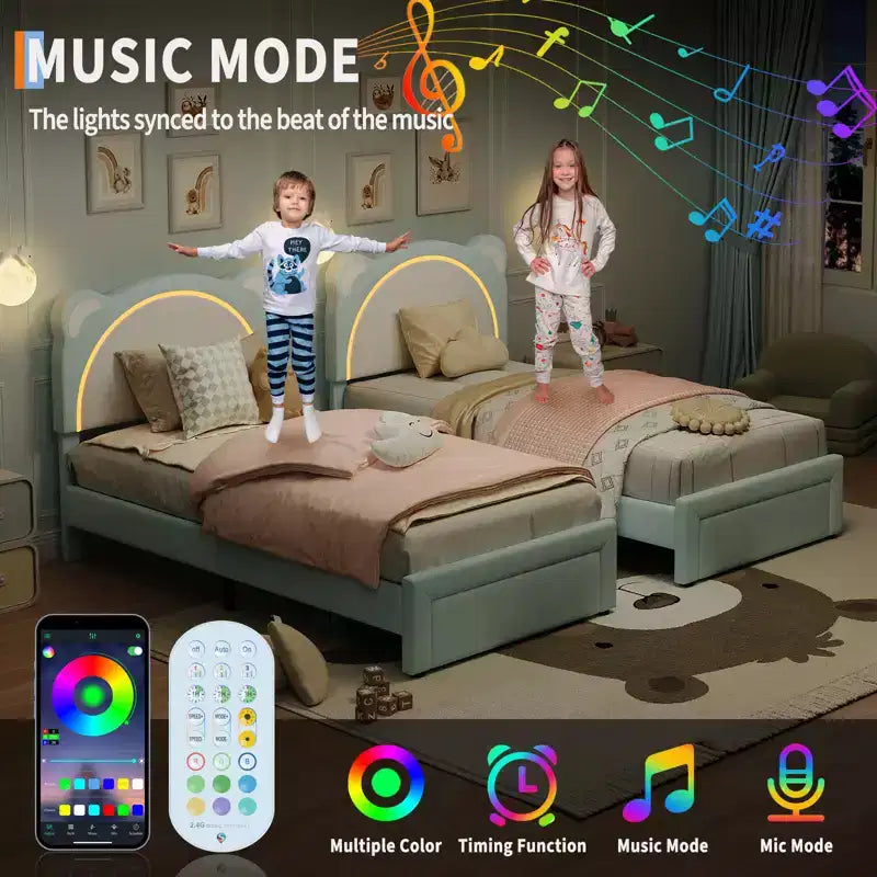Struttura letto singolo, imbottita a piattaforma con testiera regolabile e LED smart, supporto a doghe in legno, nessun materasso a molle richiesto.