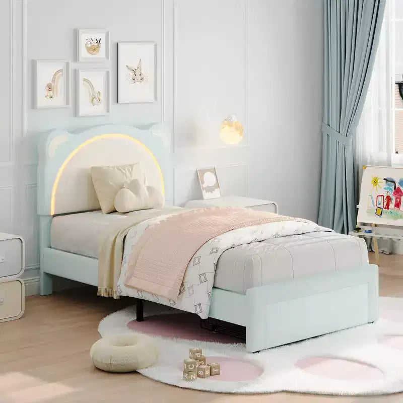 Struttura letto singolo, imbottita a piattaforma con testiera regolabile e LED smart, supporto a doghe in legno, nessun materasso a molle richiesto.