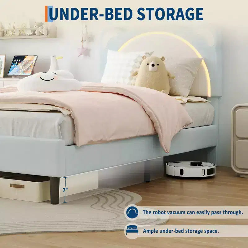 Struttura letto singolo, imbottita a piattaforma con testiera regolabile e LED smart, supporto a doghe in legno, nessun materasso a molle richiesto.