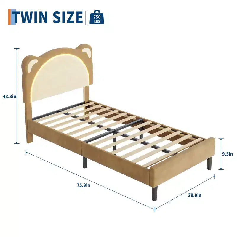 Struttura letto singolo, imbottita a piattaforma con testiera regolabile e LED smart, supporto a doghe in legno, nessun materasso a molle richiesto.