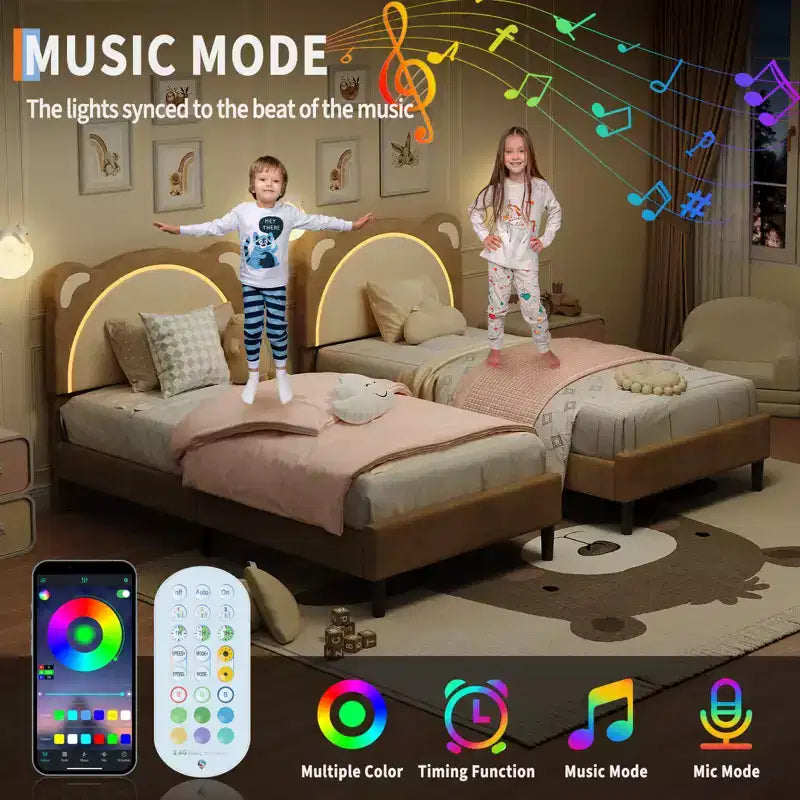Struttura letto singolo, imbottita a piattaforma con testiera regolabile e LED smart, supporto a doghe in legno, nessun materasso a molle richiesto.