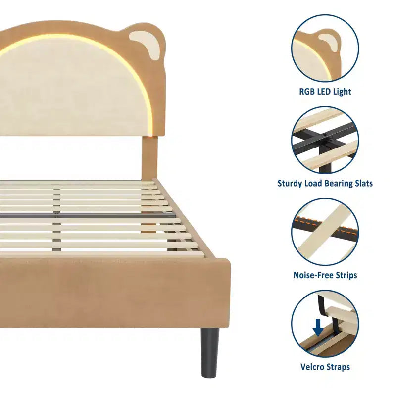 Struttura letto singolo, imbottita a piattaforma con testiera regolabile e LED smart, supporto a doghe in legno, nessun materasso a molle richiesto.
