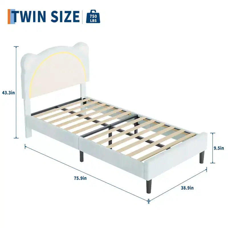 Struttura letto singolo, imbottita a piattaforma con testiera regolabile e LED smart, supporto a doghe in legno, nessun materasso a molle richiesto.