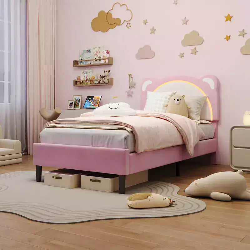 Struttura letto singolo, imbottita a piattaforma con testiera regolabile e LED smart, supporto a doghe in legno, nessun materasso a molle richiesto.