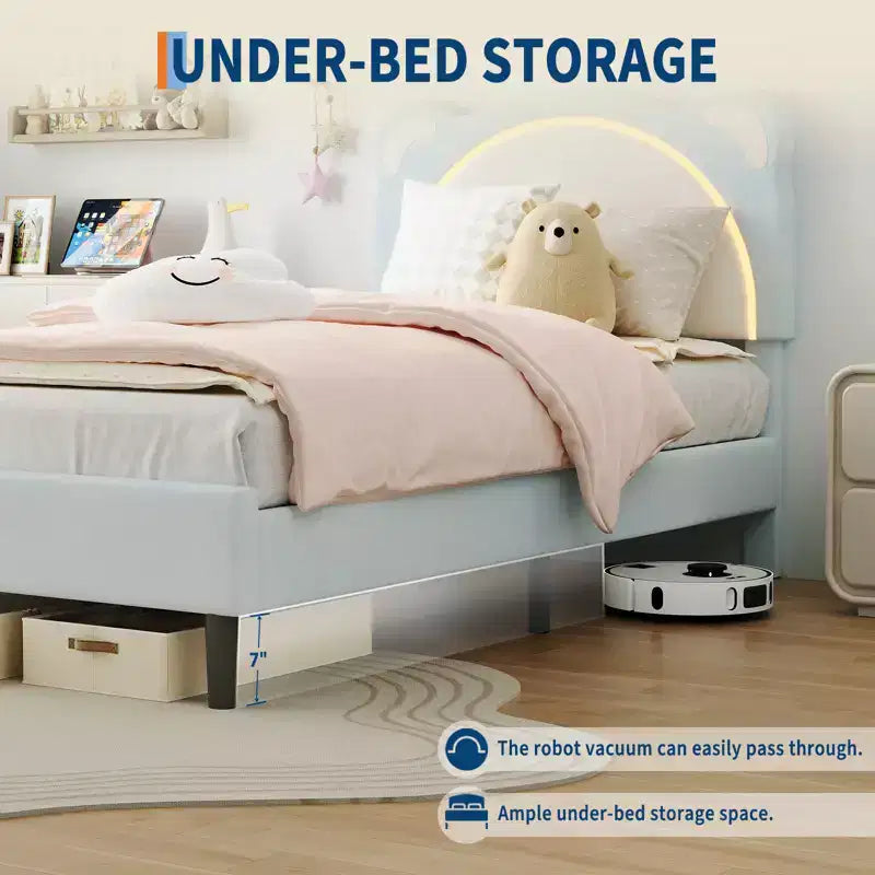 Struttura letto singolo, imbottita a piattaforma con testiera regolabile e LED smart, supporto a doghe in legno, nessun materasso a molle richiesto.