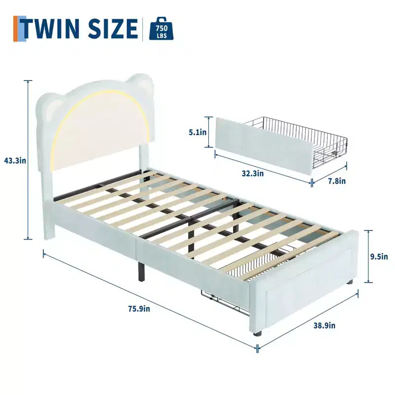 Struttura letto singolo, imbottita a piattaforma con testiera regolabile e LED smart, supporto a doghe in legno, nessun materasso a molle richiesto.