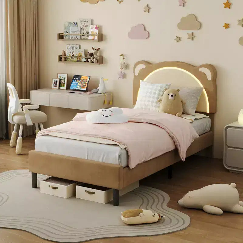 Struttura letto singolo, imbottita a piattaforma con testiera regolabile e LED smart, supporto a doghe in legno, nessun materasso a molle richiesto.