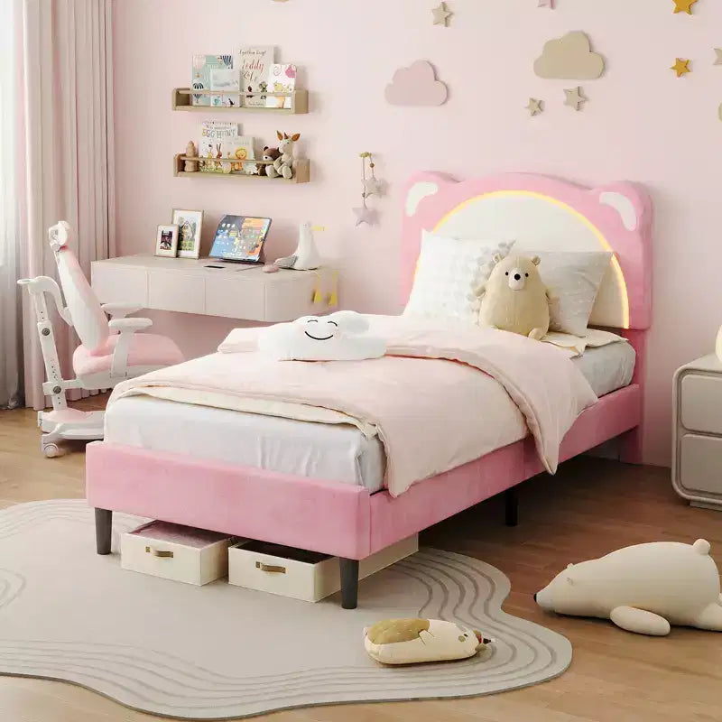 Struttura letto singolo, imbottita a piattaforma con testiera regolabile e LED smart, supporto a doghe in legno, nessun materasso a molle richiesto.