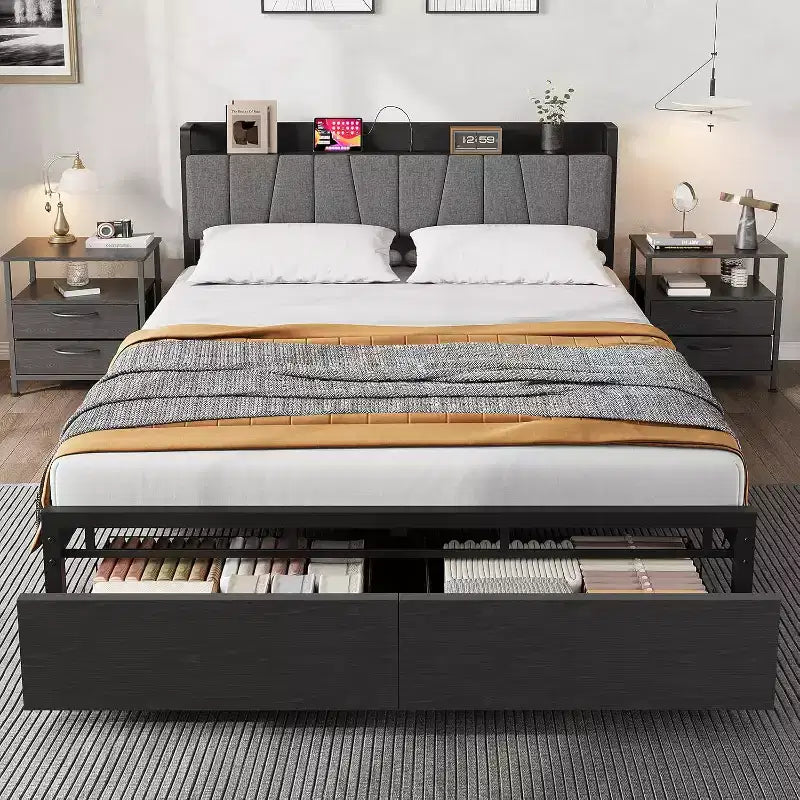 Bed frame with storage headboard, full-size platform bed with 2 large drawers and charging station, industrial style, no spring mattress required.
