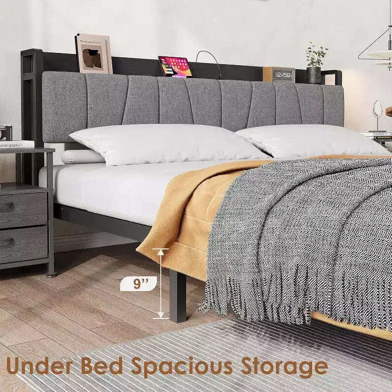 Struttura letto con testiera contenitore, letto a piattaforma matrimoniale con 2 ampi cassetti e stazione di ricarica, stile industriale, non è necessario il materasso a molle.