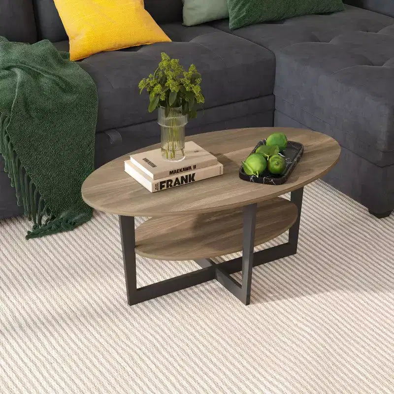 HOMLUX Tavolino da Caffè Ovale a 2 Livelli per Soggiorno con Ripiano Aperto, Finitura Effetto Legno