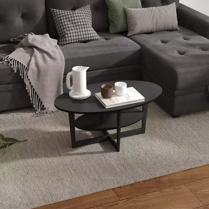 HOMLUX Tavolino da Caffè Ovale a 2 Livelli per Soggiorno con Ripiano Aperto, Finitura Effetto Legno