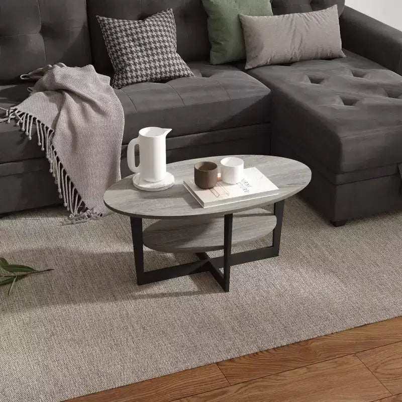 HOMLUX Tavolino da Caffè Ovale a 2 Livelli per Soggiorno con Ripiano Aperto, Finitura Effetto Legno
