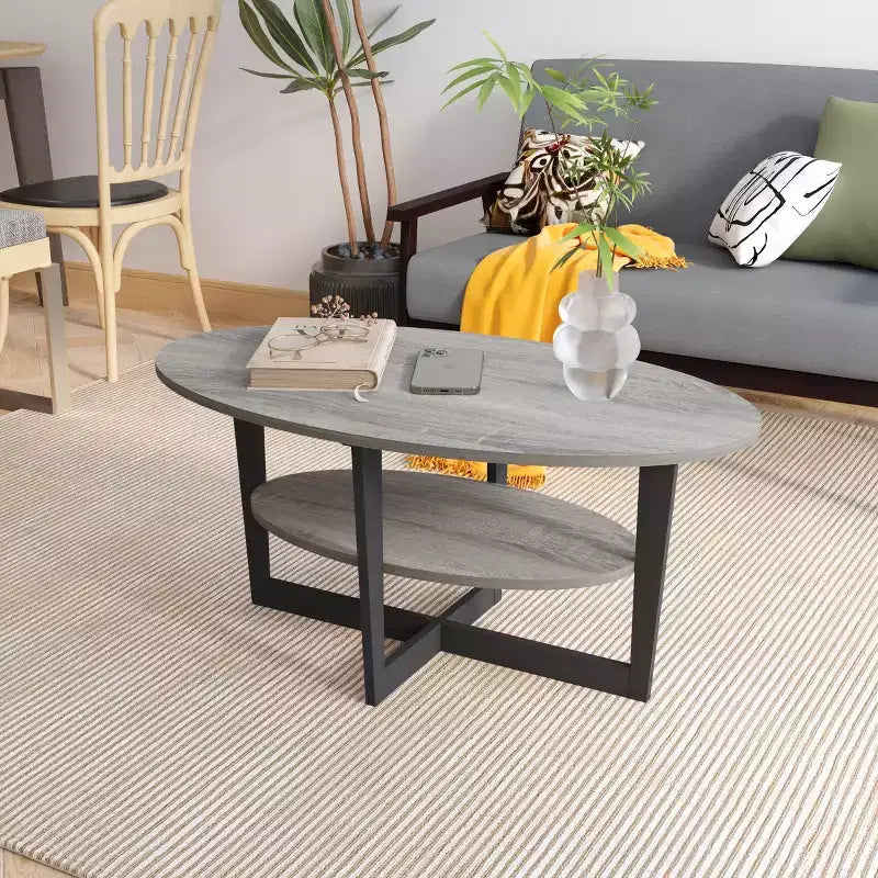 HOMLUX Tavolino da Caffè Ovale a 2 Livelli per Soggiorno con Ripiano Aperto, Finitura Effetto Legno