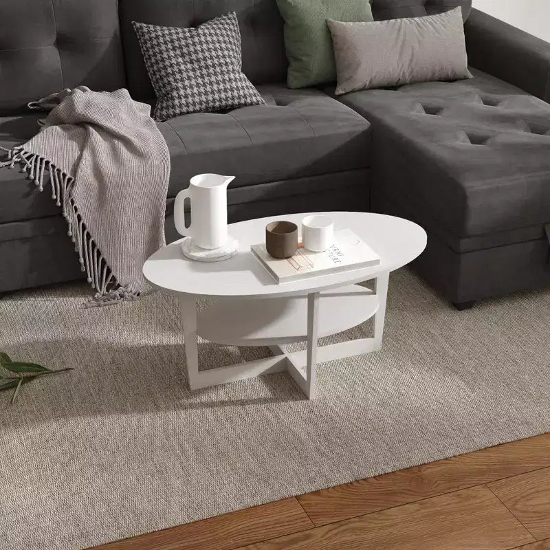 HOMLUX Tavolino da Caffè Ovale a 2 Livelli per Soggiorno con Ripiano Aperto, Finitura Effetto Legno