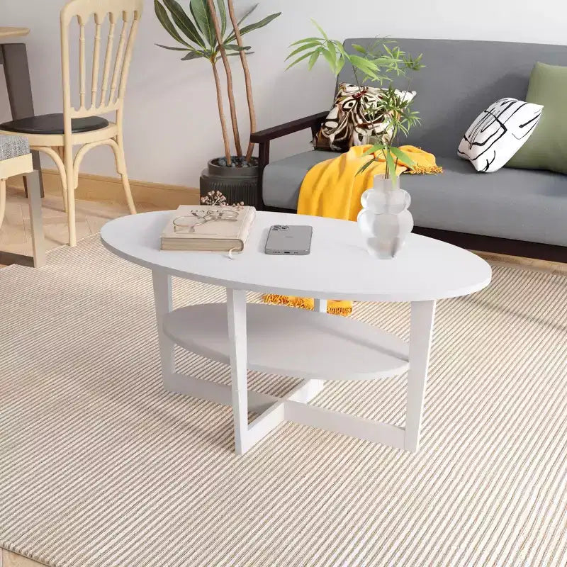 HOMLUX Tavolino da Caffè Ovale a 2 Livelli per Soggiorno con Ripiano Aperto, Finitura Effetto Legno