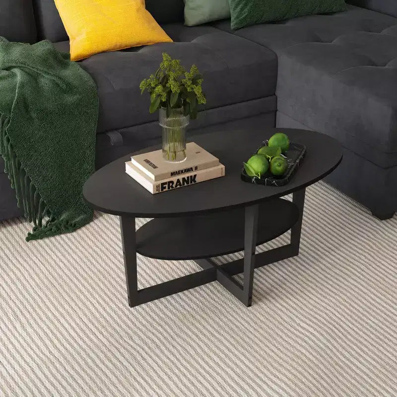 HOMLUX Tavolino da Caffè Ovale a 2 Livelli per Soggiorno con Ripiano Aperto, Finitura Effetto Legno