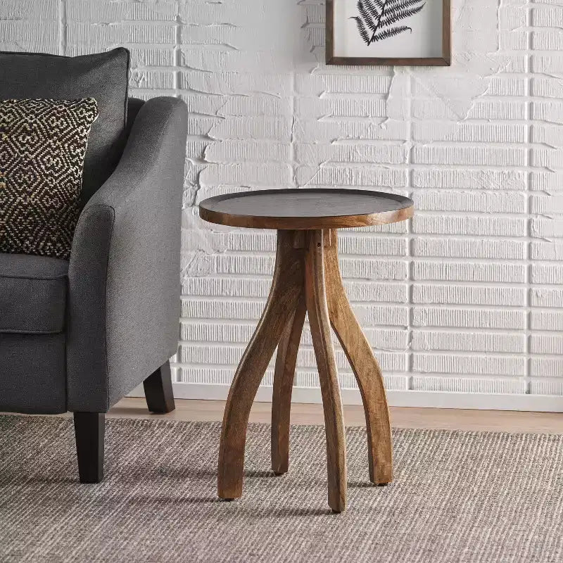 Okak Vintage Side Table with Arched 4 Legs, End Table with Groove Design Wooden Tabletop, Accent Table for Sofa Side, Table Side, Wood