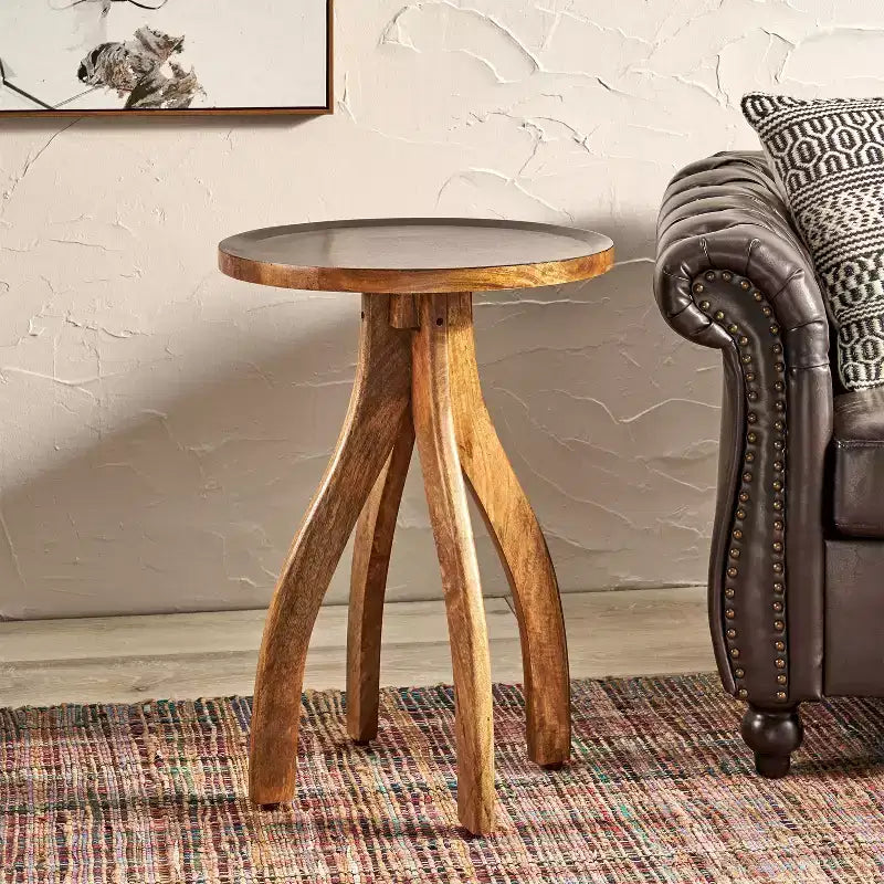 Okak Tavolino Vintage con 4 Gambe Ad Arco, Tavolino da Divano con Piano in Legno Scanalato, Tavolino d'Appoggio per Lato Divano, Tavolino d'Appoggio, Legno