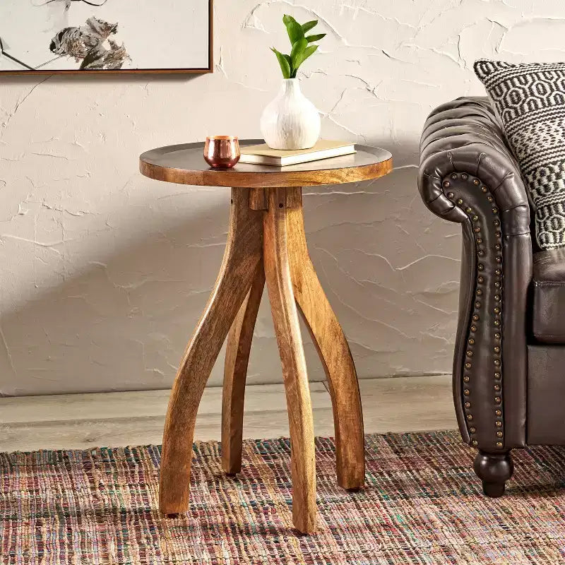 Okak Tavolino Vintage con 4 Gambe Ad Arco, Tavolino da Divano con Piano in Legno Scanalato, Tavolino d'Appoggio per Lato Divano, Tavolino d'Appoggio, Legno