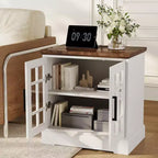 Comodino da Fattoria Grande 24" con Stazione di Ricarica - 2 prese CA e 2 USB, Tavolini da Salotto con Contenitore e Ripiano Regolabile, Tavolino Laterale Bianco