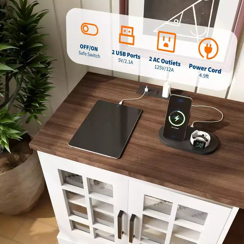 Comodino da Fattoria Grande 24" con Stazione di Ricarica - 2 prese CA e 2 USB, Tavolini da Salotto con Contenitore e Ripiano Regolabile, Tavolino Laterale Bianco